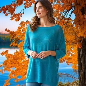 Y2K Express Mesh Top Sz S Relaxed Teal Open Knit Dolman Sleeves‎ Pullover Grunge